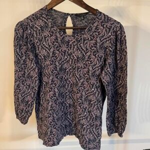 Lucky Brand Navy Blue and Pink Paisley Print Long Sleeve Top Size Small Western